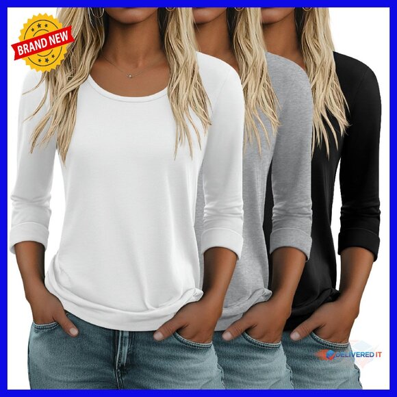 3 Pack 3/4 Sleeve Crew Neck Tees Loose Fit Women's Tops Polyester Cotton